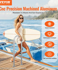 Premium Aluminum Dock Boarding Handrail And Swimming Pool Railing With Rustproof Base Plate For Decks And Boats Giving Tough As Nails Support And Slick Anodized Build For Real Deal Waterfront Safety Measuring Thirty Six Inches Long, shown on a boat with a woman.