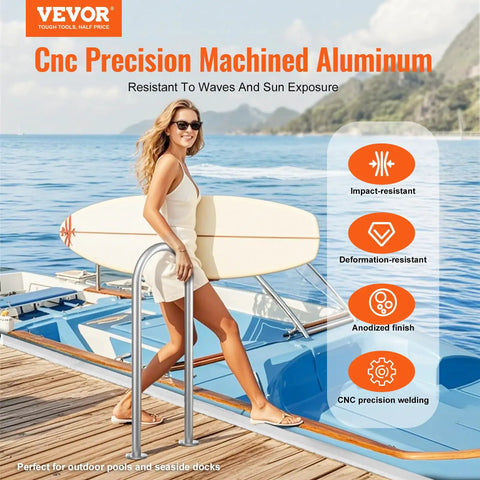 Premium Aluminum Dock Boarding Handrail And Swimming Pool Railing With Rustproof Base Plate For Decks And Boats Giving Tough As Nails Support And Slick Anodized Build For Real Deal Waterfront Safety Measuring Thirty Six Inches Long, shown on a boat with a woman.