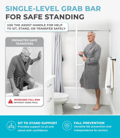 Tension Mounted Floor To Ceiling Transfer Pole With A Swivel Grab Bar And Rock Solid Grip For Bathroom Safety Senior Assist And No Sweat Daily Mobility Support In White, shown in bathroom with senior male.