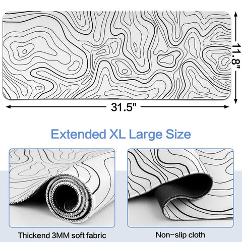 Extended White Topographic Gaming Mouse Pad Desk Mat 31.5 Inch By 11.8 Inch Long XL Pad For Gaming And Office shown with size dimensions
