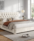 Queen Size Bed Frame With Plush Velvet Upholstered Headboard And Elegant Button Tufting Featuring Heavy Duty Wooden Slats For Zero Hassle Sleep No Box Spring Needed Straight Up Cozy Beige in modern bedroom setting.