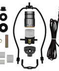 DIY Bottle Lamp Kit With Adapters For Liquor And Wine Bottles Socket And Harp In Black Finish Includes Three Rubber Adapters For One Half Inch And Three Quarter Inch Bottles Side Hole For No Drilling showing all components including plugs and adapters.
