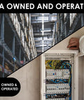 Warehouse aisles and electrician working on a control panel, USA owned and operated badge displayed.