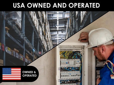 Warehouse aisles and electrician working on a control panel, USA owned and operated badge displayed.
