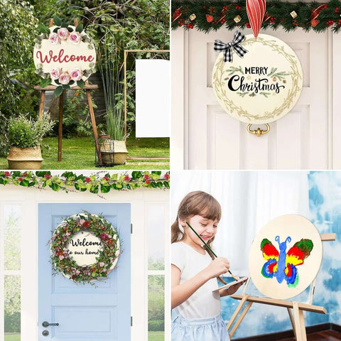 4-pack 18x18 inch unfinished plywood round boards for crafts; shown as DIY signs and artwork on doors and easel