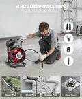 Heavy Duty Drain Cleaning Machine With 75 Ft Sewer Snake And 3/8 Inch Steel Core Auger Kicking Stubborn Clogs Outta Pipes With Simple Manual Feed And Air Foot Pedal Control in use with various pipe cutters.