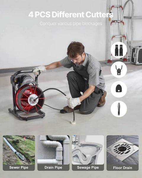 Heavy Duty Drain Cleaning Machine With 75 Ft Sewer Snake And 3/8 Inch Steel Core Auger Kicking Stubborn Clogs Outta Pipes With Simple Manual Feed And Air Foot Pedal Control in use with various pipe cutters.