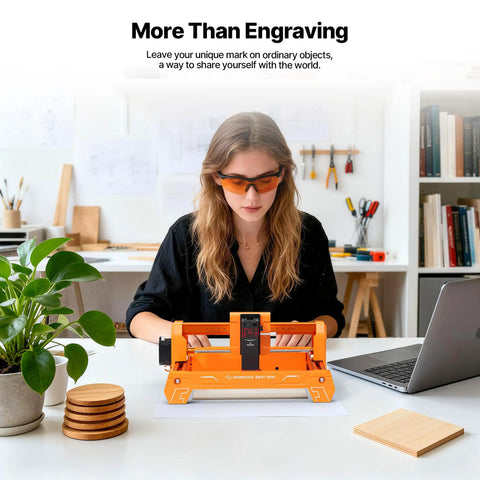 Desktop 3.5W Laser Engraver And Cutter Machine Featuring Plug And Play Design at workbench with hobbyist using it.