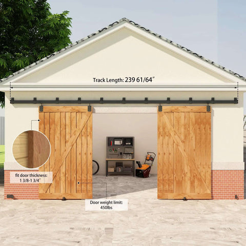 Garage with Beefy 20 Foot Black Box Rail Exterior Barn Door Hardware Kit For Two Doors Heavy Duty Sliding Track System Installed