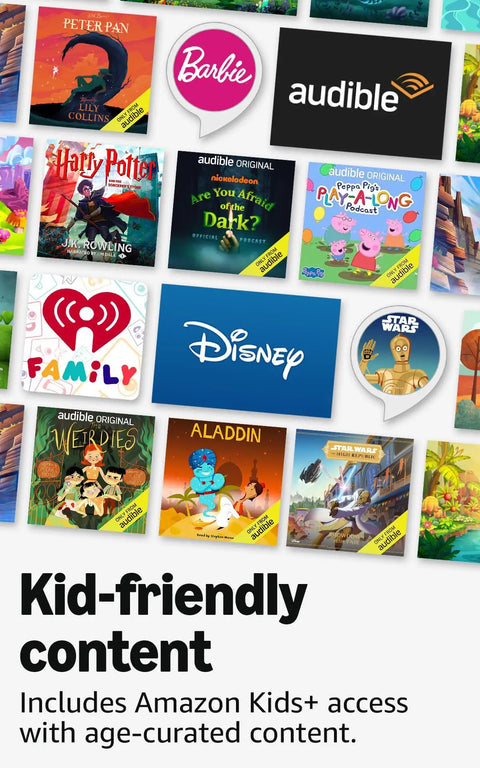 Echo Pop Kids Smart Speaker With Alexa Plus Showcasing Fresh Disney Princess Vibes with kid-friendly audiobook designs.