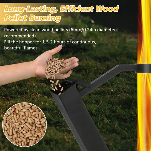 Hand filling Portable Wood Pellet Fire Pit And Outdoor Heater In Matte Black Painted Stainless Steel For Backyard.