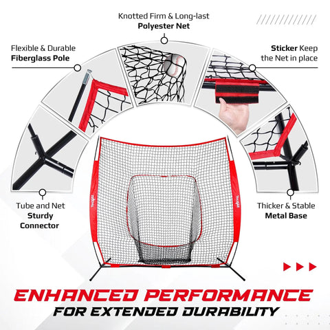 7x7 Foot Baseball Net With Batting Tee For Backyard Hitting And Pitching Practice, features of durable softball backstop net