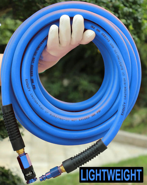 Lightweight Hybrid Air Compressor Hose Quarter Inch X 10 Feet Lay Flat Anti Kink Rubber Pvc Blend with Quick Coupler and Plug