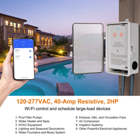 Beast Dual WiFi Pool Timer With Independent 120/277V Switches, 40 Amp Heavy Duty Smart Timer by a poolside