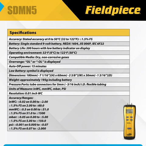 Specifications chart next to Dual-Port HVAC Manometer Pro-Grade Workhorse Duct Pressure Tester With Brass Tubes And Fittings image