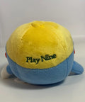 Ultra Soft 4 Inch Plush Golf Ball Toy With Gimme Character with blue and yellow "Play Nine" embroidery, rear view