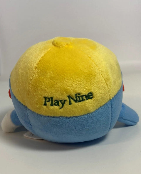 Ultra Soft 4 Inch Plush Golf Ball Toy With Gimme Character with blue and yellow "Play Nine" embroidery, rear view