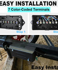7 Way Trailer Junction Box Built Tough and Waterproof Wiring Connector for RV Camper Caravans Boat Nylon Weatherproof showing installation steps and mounted on a trailer.
