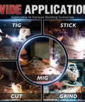 Image showing wide applications of Boss Level Auto Darkening Welding Helmet With Blue Light Blocking Shield for TIG, MIG, Stick, Cut, Grind.