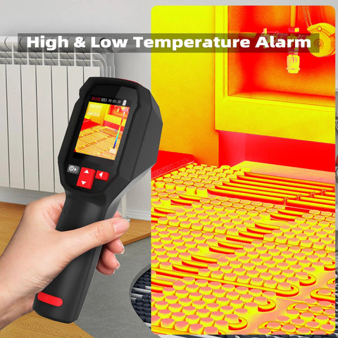 Handheld Thermal Imaging Camera With 240 X 240 Resolution, Infrared Camera, 15 Palettes, displaying temperature on HVAC system.