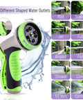 Close-up of 10-function spray nozzle on Stainless Steel Garden Hose 25 Ft Heavy Duty Flexible Water Hose for various spray options.