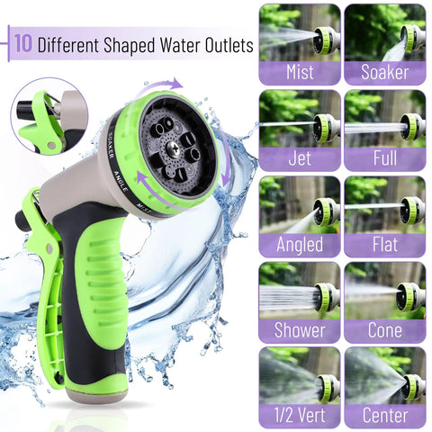 Close-up of 10-function spray nozzle on Stainless Steel Garden Hose 25 Ft Heavy Duty Flexible Water Hose for various spray options.