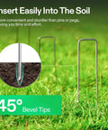 6 Inch Landscape Staples 100 Pack Heavy Duty Workhorse Galvanized Steel Garden Stakes 11 Gauge U Shaped Pins For Weed Barrier Fabric Soaker Hose And Fence Holding Durable Weather Resistant shown inserted into soil with 45-degree bevel tips