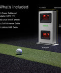Eye Mini Core Golf Launch Monitor And Simulator With Real Time Tracking and Near Zero Latency showing dimensions and accessories