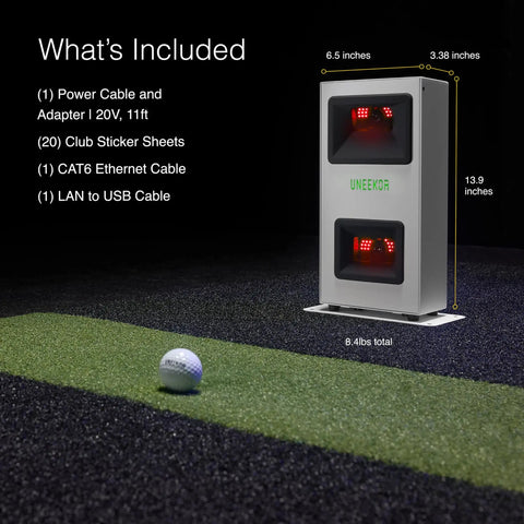 Eye Mini Core Golf Launch Monitor And Simulator With Real Time Tracking and Near Zero Latency showing dimensions and accessories