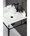 Heritage Matte Black Two Handle Bathroom Faucet With Brass Pop Up Drain And Cover Plate Deck Mount 4 Inch Centerset
