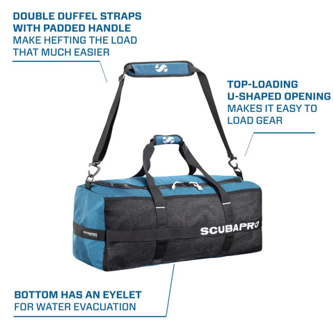 Sport 95 Mesh Dive Bag With Double Duffel Straps And Adjustable Shoulder Strap For Scuba Gear Denim Blue Fabric Top Loading U Shaped Opening Large Cargo Space Inside Pocket And Black Lining