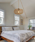Plug In Boho Pendant Light With Hemp Rope Cord 15.1 Feet Long, Woven Rattan Cage Hanging Lamp, On Off Switch in bedroom decor