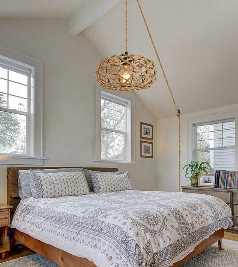Plug In Boho Pendant Light With Hemp Rope Cord 15.1 Feet Long, Woven Rattan Cage Hanging Lamp, On Off Switch in bedroom decor