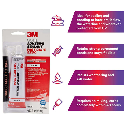 Adhesive Sealant 5200 Fast Cure for Boats & RVs, Permanent Waterproof Polyurethane Bonding, 3 fl oz tube package