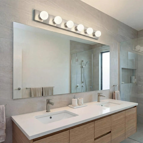 Top Shelf 36 Inch Bathroom Vanity Light Fixture With Brushed Nickel Finish Offering Straight Up Easy Installation And Rock Solid Build Quality For 6 Light Damp Rated Rooms above a modern bathroom sink.