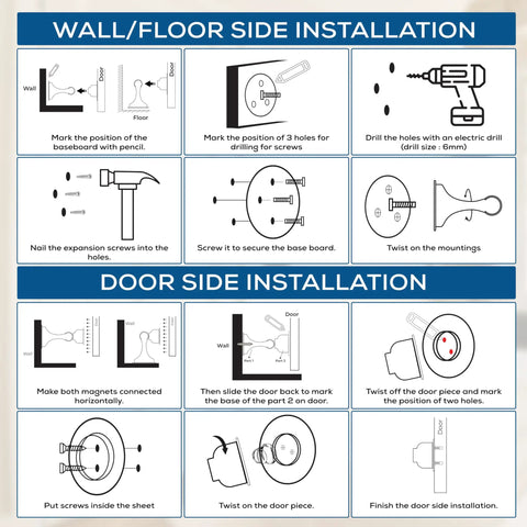 Instructional guide for Grip Tight Magnetic Door Stops No Hassle Drilling With Dependable 3M Adhesive Tape installation steps.