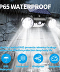 Beefed Up Outdoor Solar Security Lights 30 LED Dual Head Motion Sensor, IP65 Waterproof, demonstrating functionality in rain