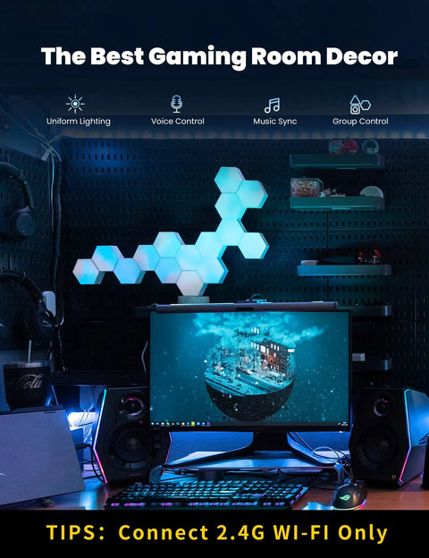 Hexagon LED Wall Lights Set Three Piece Pro for bedroom and gaming room dope RGB color changing night light on wall setup