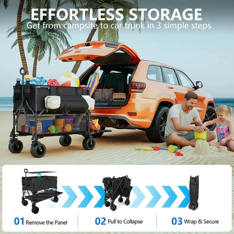 Beast Mode Heavy Duty Double Decker Utility Wagon with 400L upper deck by a car on the beach, ideal for camping and sports.