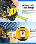 3-in-1 Laser Tape Measure with Cross Line Level,40m/131ft Laser Distance Meter,5m Auto-Lock Tape Measure showing auto-lock feature.