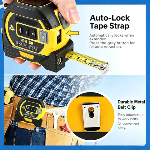 3-in-1 Laser Tape Measure with Cross Line Level,40m/131ft Laser Distance Meter,5m Auto-Lock Tape Measure showing auto-lock feature.