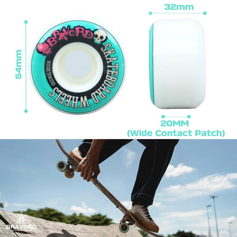54Mm By 32Mm 100A Skateboard Wheels For Street And Bowl Tricks Blue Set Of 4 With Recessed Edges and Skateboard in Action