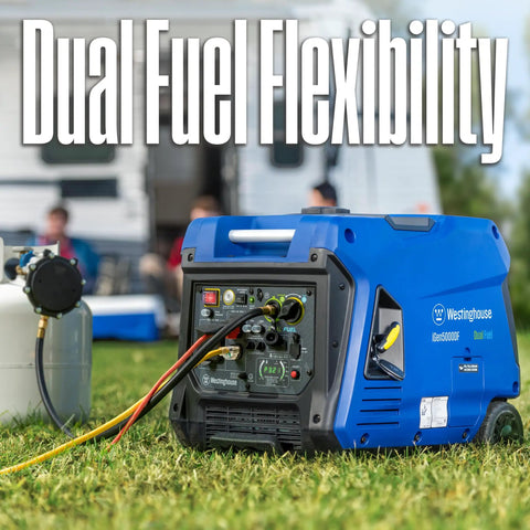Blue dual fuel 5000 peak watt inverter generator with remote start on grass, featuring RV-ready outlet and USB ports, connected to propane tank.