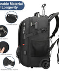 Travel rolling vacuum backpack with wheels, 50L, front view showing TSA lock and laptop compartment.
