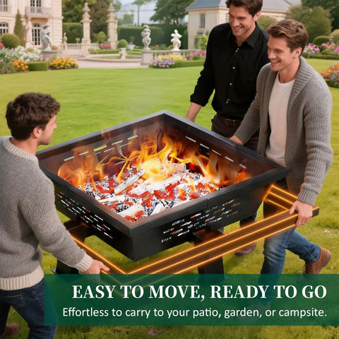 Three people carrying 42 Inch Outdoor Fire Pit Heavy Duty Wood Burning Firepit With Poker For Camping Backyard Patio Beefy Steel Pit