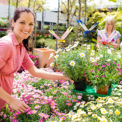 Woman placing Dope Dragonfly Clip 12 Pack For Garden Decor And Outdoor Stakes into colorful flower pots in garden setting