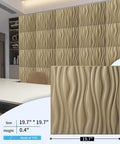 PVC Wave Textured 3D Wall Panels Grey 12 Pack Dope Look Lightweight Fire Resistant Easy DIY Coverage 32 Sq Ft Great For Living Room Bedroom Kitchen TV Backdrop Accent Wall displayed in a modern room setting, showing panel size and material.