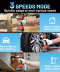 Mgym 500Nm Cordless Impact Wrench 1/2 Inch Electric Driver showcasing three speed modes and applications for versatile tasks.