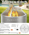 15 Inch Stainless Steel Fire Pit Spark Screen With Detachable Mesh Smokeless Shield And Grill Function For Safe Marshmallow Roasting Spark Protector That Is Easy To Install On Round Fire Pits And Range Shields showing components and specifications