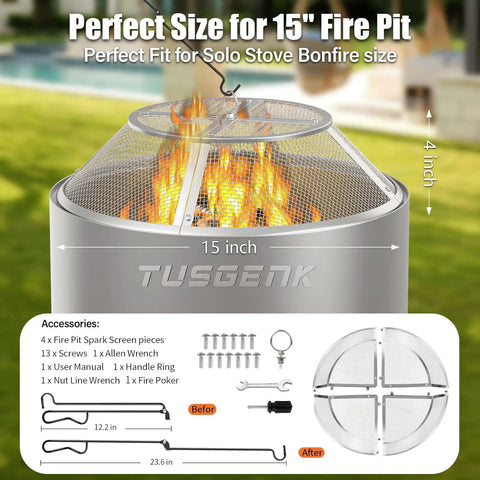 15 Inch Stainless Steel Fire Pit Spark Screen With Detachable Mesh Smokeless Shield And Grill Function For Safe Marshmallow Roasting Spark Protector That Is Easy To Install On Round Fire Pits And Range Shields showing components and specifications